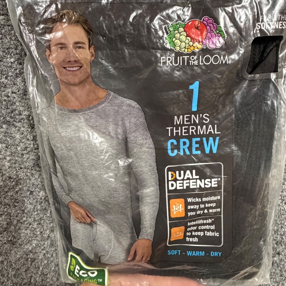 Fruit of the Loom Mens Size L Large Thermal Crew Neck Top Black Waffle Knit NEW